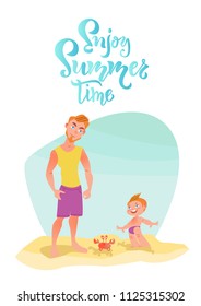 Family characters on the beach. Enjoy summer time lettering, quote. Happy moment, time, holiday with family. Vector illustration