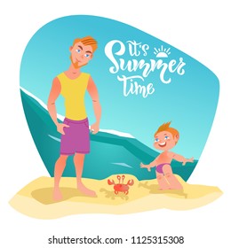 Family characters on the beach. Its summer time lettering, quote. Happy moment, time, holiday with family. Vector illustration with ocean background