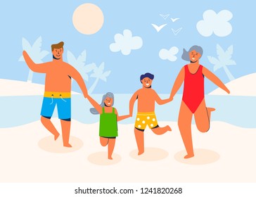 Family characters on summer vacation at the beach on a sandy shore and having rest at the seaside. Parents and children cartoon people. Vector illustration