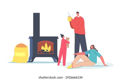 Family Characters Parents and Baby Heating Home with Biological Coal, Wood Pellets for Stove. Ecology, People Use Natural Alternative Bio Coal. Fuel Heating System Concept. Cartoon Vector Illustration