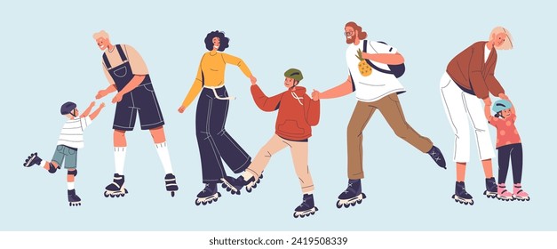 Family Characters Parents and Kids Joyfully Glide Together On Roller Skates. People Weaving Through The Rink