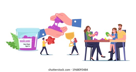 Family Characters Parents and Kids Playing with Kinetic Magic Sand for Fun and Motor Skills Development. Amusement Recreation Spare Time at Home, Therapy, Leisure. Cartoon People Vector Illustration