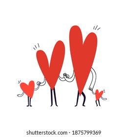 Family of characters in the shape of hearts are holding hands. Hand drawn doodle family with two children are standing in a row. Vector stock illustration in cartoon style on a white background.