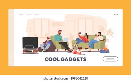 Family Characters Suffering of Social Media Internet Addiction Landing Page Template. Parents and Children Sitting Together at Home Using Gadgets, Digital Devices. Cartoon People Vector Illustration