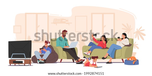 Family Characters Suffering of Social Media\
Internet Addiction Concept. Parents and Children Sitting Together\
at Home Using Gadgets, Smartphones, Digital Devices. Cartoon People\
Vector Illustration