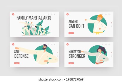 Family Characters Training Martial Arts Landing Page Template Set. Father, Mother and Kids in Kimono with Colorful Belts Stand in Fighting Posture with Hitting Arms. Cartoon People Vector Illustration