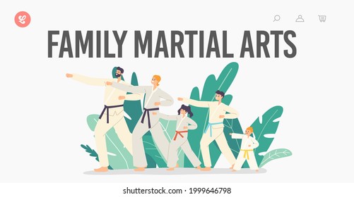 Family Characters Training Martial Arts Landing Page Template. Father, Mother and Children Wearing Kimono with Colorful Belts in Fighting Posture with Hitting Arms. Cartoon People Vector Illustration