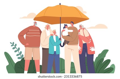 Family Characters Under Umbrella, Symbolizing Protection, Unity, And Shelter From Life's Storms, Vector Illustration