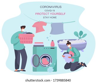 Family Characters Washing Clothes in Washing Machine.Home Household and Wash Clothes.Domestic Work.Putting Clothes in Washing Machine.Every Day Housework Routine during Quarantine.Vector Illustration