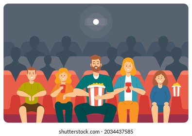 Family Characters Watching Movie at Cinema. Young Mother, Father, Daughter and Son with Pop Corn Enjoying Film at Movie Theatre. Weekend Entertaining Happiness. Cartoon People Vector Illustration