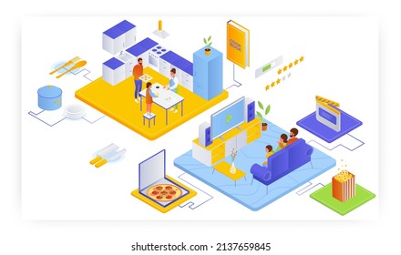 Family characters watching movie sitting on sofa in living room and cooking in kitchen, vector isometric illustration.