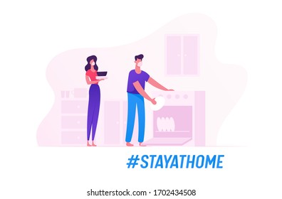 Family Characters Wearing Medical Masks Washing Kitchenware Together Staying at Home during Covid19 Quarantine Self Isolation. Happy Couple on Kitchen Wash Dishes. Cartoon Vector People Illustration