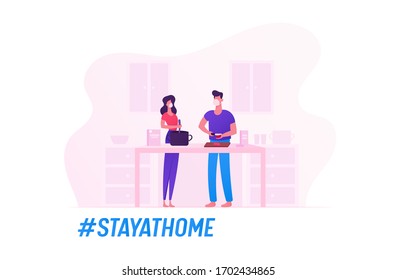 Family Characters Wearing Medical Masks Prepare Food Staying at Home during Covid19 Quarantine Self Isolation. Young Loving Couple Cooking Meal Together on Kitchen. Cartoon Vector People Illustration