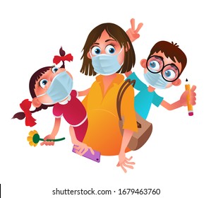 Family characters wearing protective medical masks from coronavirus prevention method. Vector cartoon illustration of a mother and children with hygiene or surgical masks isolated on white background