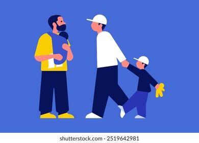 Family Characters Weekend Leisure and Spare Time. Father and Little Children Walking at City Street. Vector People Illustration