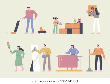 Family characters who organize and clean up the movers. flat design style minimal vector illustration