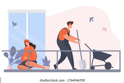 Family Characters Working in Garden on Balkony.Care of Plant and Flowers in Garden.Eco Concept.Organic Gardening.Couple Engaged in Gardening in the Backyard.Water Potted Flowers.Vector Illustration