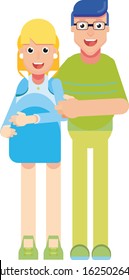 Family Characters - Young Parents. Happy Husband Because Of His Wife Pregnant. Colorful Vector Illustration, Can Use As Sticker To.