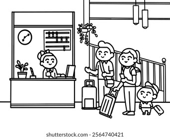 Family check in at hotel coloring pages style.