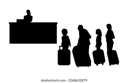 “SHOTLISTtravel”. A family check in or check out at the hotel reception. Traveler silhouettes, receptionist, seniors with suitcase, children, family. 