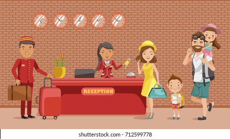 Family Checking In Hotel At Lobby. The Receptionist Holds A Key Card, A Porter Carrying Luggage, Dad Carrying His Daughter, Mother, Son, Hotel Stay. Happy Family Concept. Cartoon, Illustration,vector,