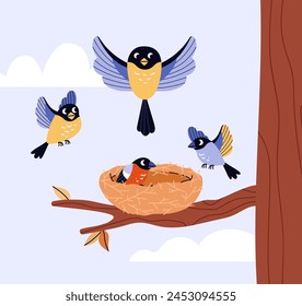 Una familia de pájaros alegres. Ilustración vectorial con una Imagen de un nido de pájaro situado en una rama de árbol contra el cielo, con pájaros brillantes y sus polluelos en el momento de aprender a volar.