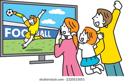 Family cheering for soccer on TV