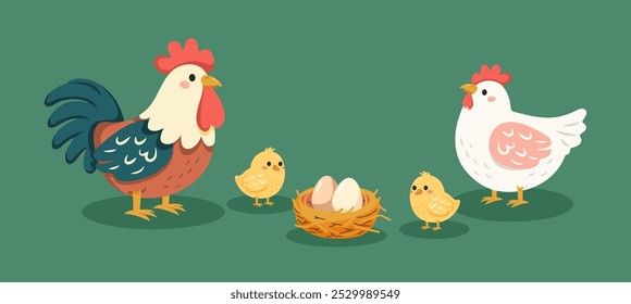 Family of Chickens Vector Illustration. A family of chickens in cute cartoon style: rooster, hen, chick, and nest with eggs. Perfect for children's designs, farm-themed projects.