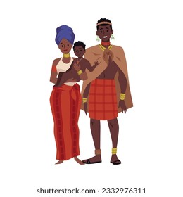 Family with child from African tribe or village. Black native african people characters, cartoon flat vector illustration isolated on white background.