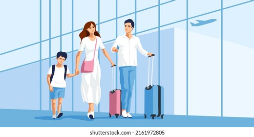 Family with a child in the airport terminal. Vector illustration. Airplane travel.