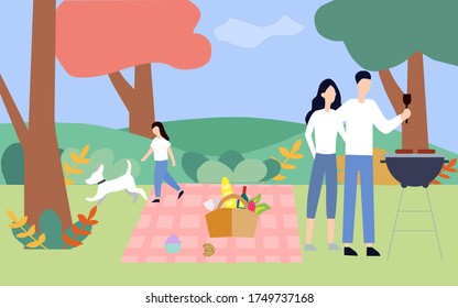 Family with child came for a picnic, vector graphics