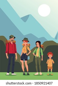 Family with child camping in wooded area, cartoon flat vector illustration. Hiking and camping, tourism banner concept with cartoon family on vacation in the forest.