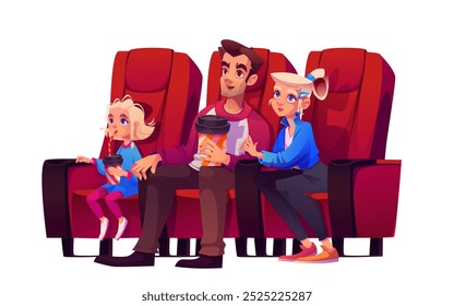 Familie mit Kind im Kino einzeln auf weißem Hintergrund. Vektorcartoon-Illustration von Eltern und kleiner Tochter, die auf Theatersitzen sitzen sitzen, zusammen eine Filmshow ansehen, Wochenendspaß, Unterhaltung