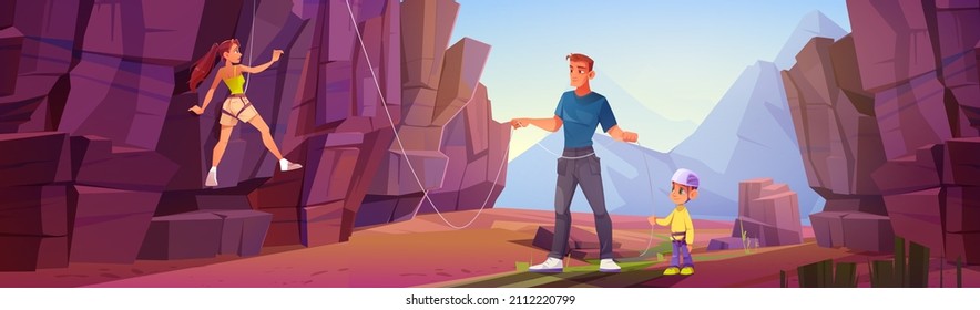 Family With Child Climbing Mountain, Woman Rock Climber On Stone Wall, Man And Little Kid In Helmet Holding Rope On Summertime Landscape. Alpinist Adventure, Extreme Sport Vector Cartoon Illustration