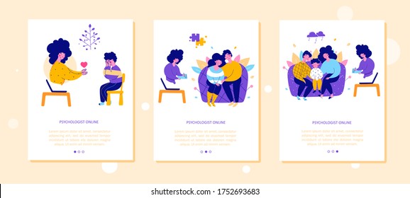 Family with child consultation with psychologist online, vector web banner template set.