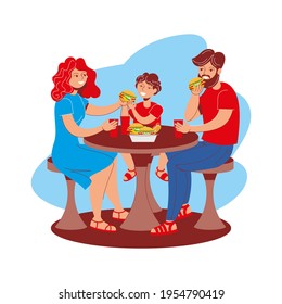 Family with a child eating hamburgers while sitting at a table in a cafe. People eating fast food. Vector illustration, character design, poster, banner.