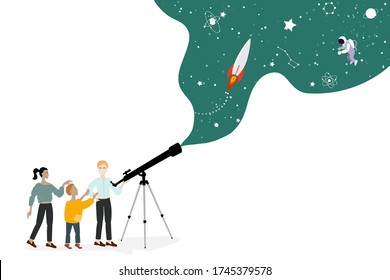 Family And A Child Explore The World Together. Adults And Children Look Through A Telescope And See The Cosmos And The Future