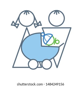 Family with child, flat design. Parents with child in a stroller. Family isolated on white background. Male and female with child icon for web and mobile, modern minimalistic flat design. EPS 10.