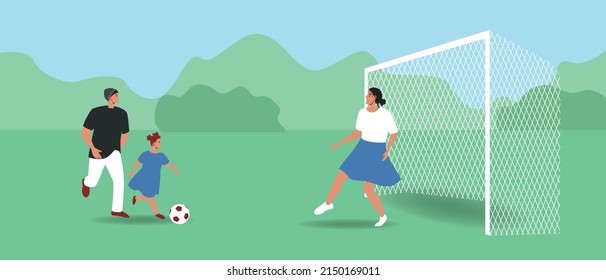 Family With Child As Football Team. Flat Vector Stock Illustration. Growing Up With Your Parents And Being Active In Nature. Mom Is Like Goalie. Active Family Holidays