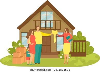 Family with child gets keys to new house, standing outside home with boxes. Happy homeownership concept, beginning of new life. Family moving in vector illustration.