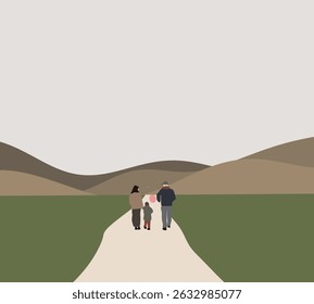 Family with child holding pink balloon walking in public park. Outdoor leisure activities at weekend.