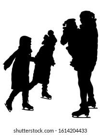 Family and child ice skate. Isolated silhouettes of people on a white background