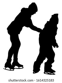 Family and child ice skate. Isolated silhouettes of people on a white background