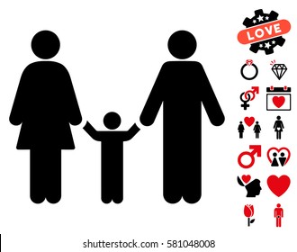 Family Child icon with bonus decorative graphic icons. Vector illustration style is flat iconic intensive red and black symbols on white background.