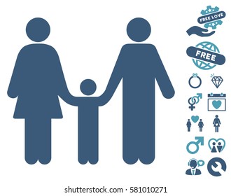 Family Child icon with bonus love images. Vector illustration style is flat iconic cyan and blue symbols on white background.