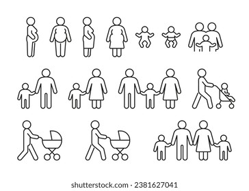 Familia con hijo, conjunto de iconos de línea. Un niño en un paseo con su padre y su madre, sus padres. Mujer embarazada. Feliz familia. Ilustración del contorno del vector