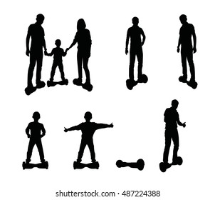 Family, child and man on gyroscooter. People silhouettes isolated on white background. 