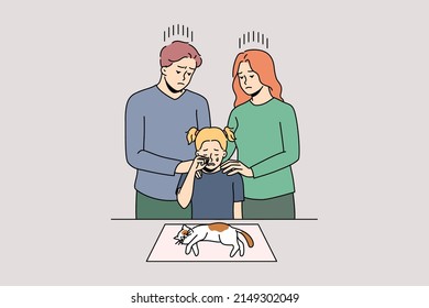 La familia con un niño de duelo por el mal hecho gato pobre que está muriendo en la mesa en el hospital. Padres con un niño pequeño llorando por encima de una vieja mascota se fueron. Animales domésticos y concepto de unión. Ilustración vectorial. 