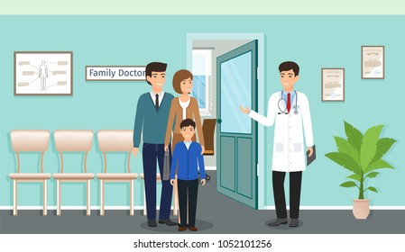 Family with child near a doctor's consultation in clinic office. Doctor in uniform and family of patients characters