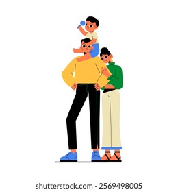 Family With Child On Fathers Shoulders In Flat Vector Illustration Symbolizing Parenthood, Family Bond, And Togetherness, Isolated On White Background.